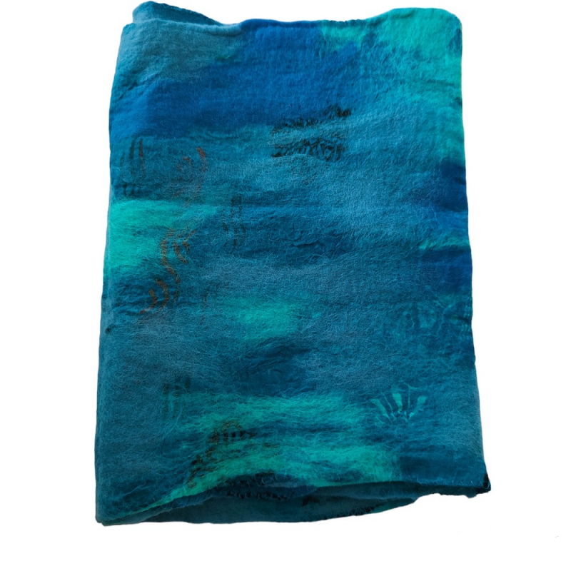 Damessjaal handgemaakt merinowol en zijde aquablauw/groen
