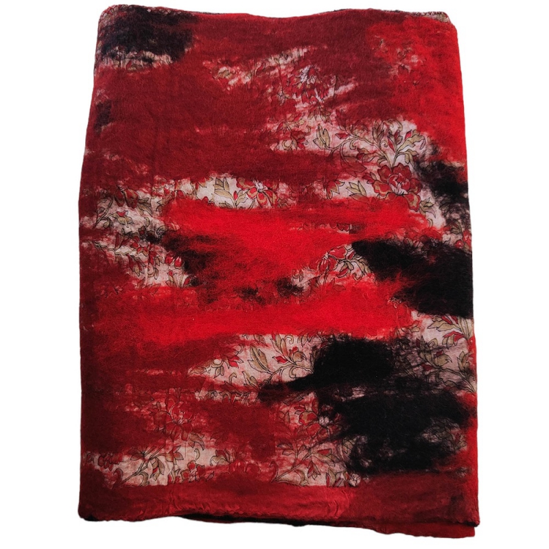 Damessjaal handgemaakt merinowol en zijde rood/zwart