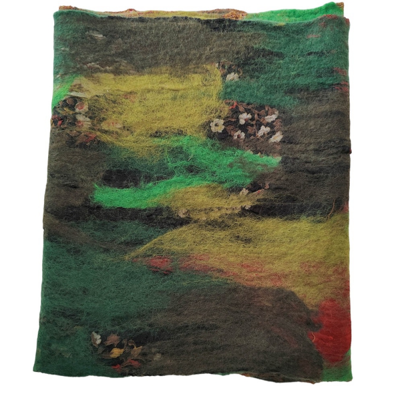 Damessjaal handgemaakt merinowol met zijde groen/bruin/geel