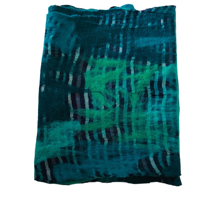 Damessjaal handgemaakt merinowol en zijde blauwtinten/groen