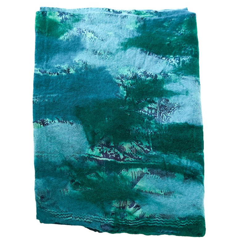 Damessjaal handgemaakt merinowol en zijde blauw/lichtblauw/groen