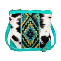 TULLAH turquoise schoudertas van leer, koevacht en canvas