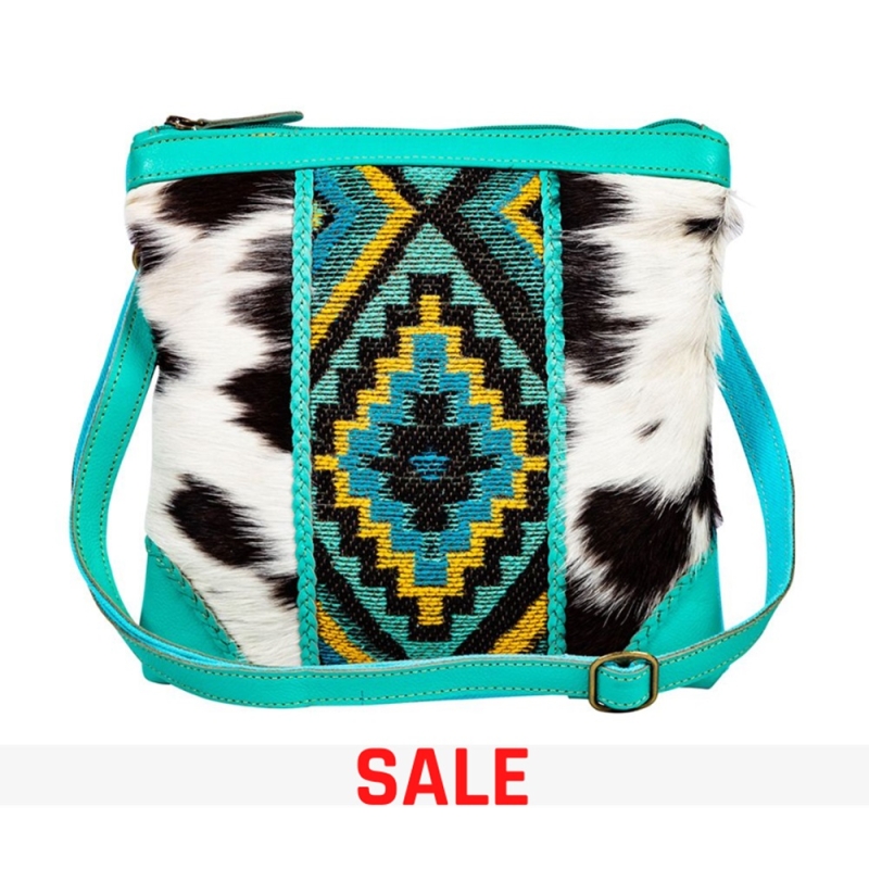 TULLAH turquoise schoudertas van leer, koevacht en canvas