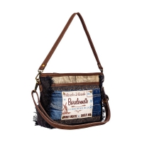 DENIM SMALL schoudertas gerecycled canvas, jeans en leer