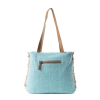 WAVE lichtblauwe canvas schoudertas met leer