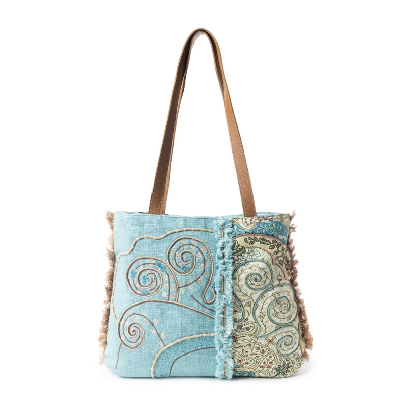 WAVE lichtblauwe canvas schoudertas met leer