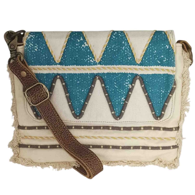 SUMMER  schoudertas canvas en leer gebroken wit/blauw