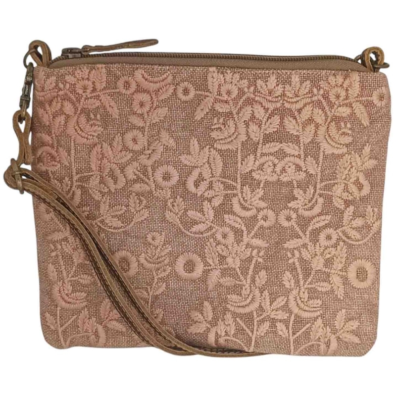 VINTAGE GARDEN taupe canvas crossbody schoudertas met leer