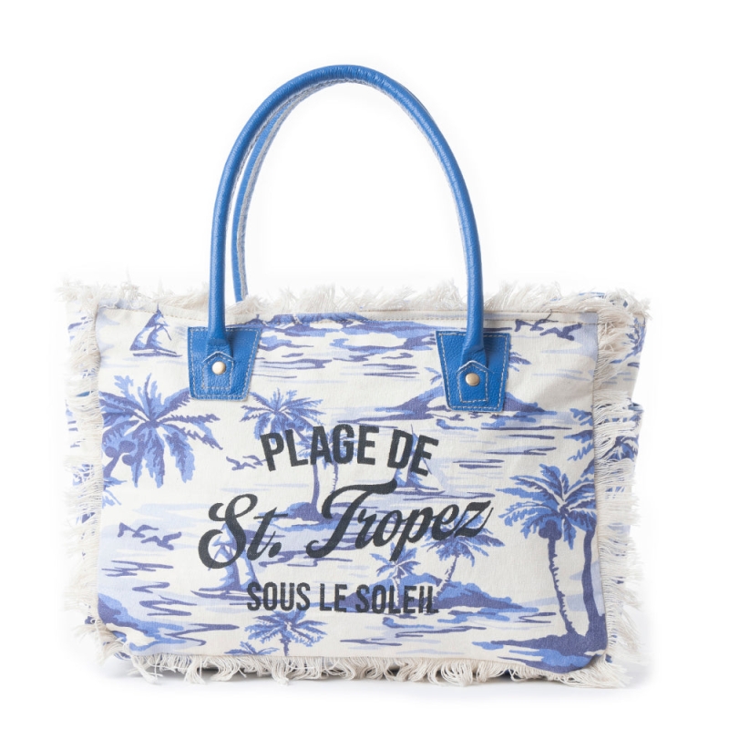 SAINT TROPEZ schoudertas-strandtas blauw-wit palmbomen