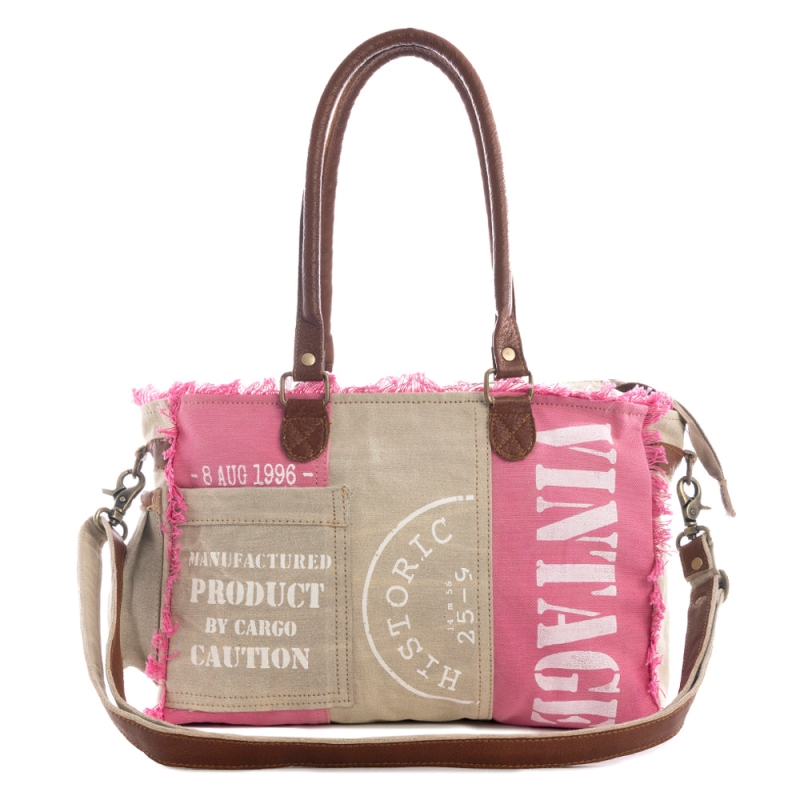 PINKY schoudertas van gerecycled canvas roze-beige