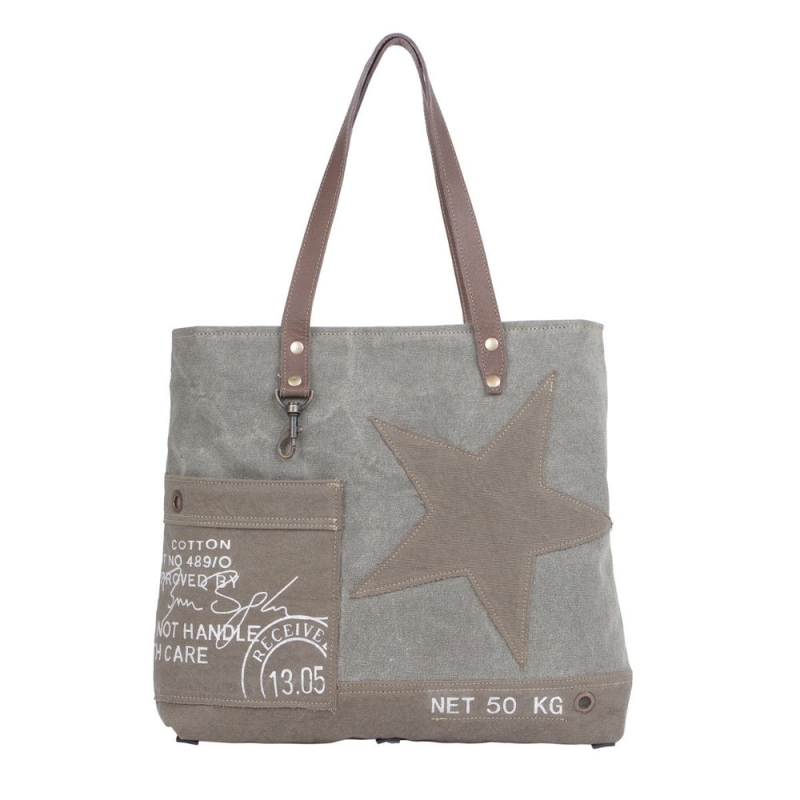 STAR  schoudertas van canvas en leer grijs-bruin