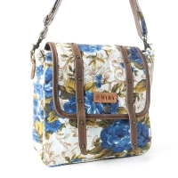 FLOWERS canvas met leer schoudertas bloemprint blauw wit