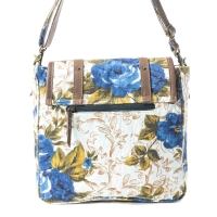 FLOWERS canvas met leer schoudertas bloemprint blauw wit