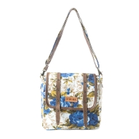 FLOWERS canvas met leer schoudertas bloemprint blauw wit