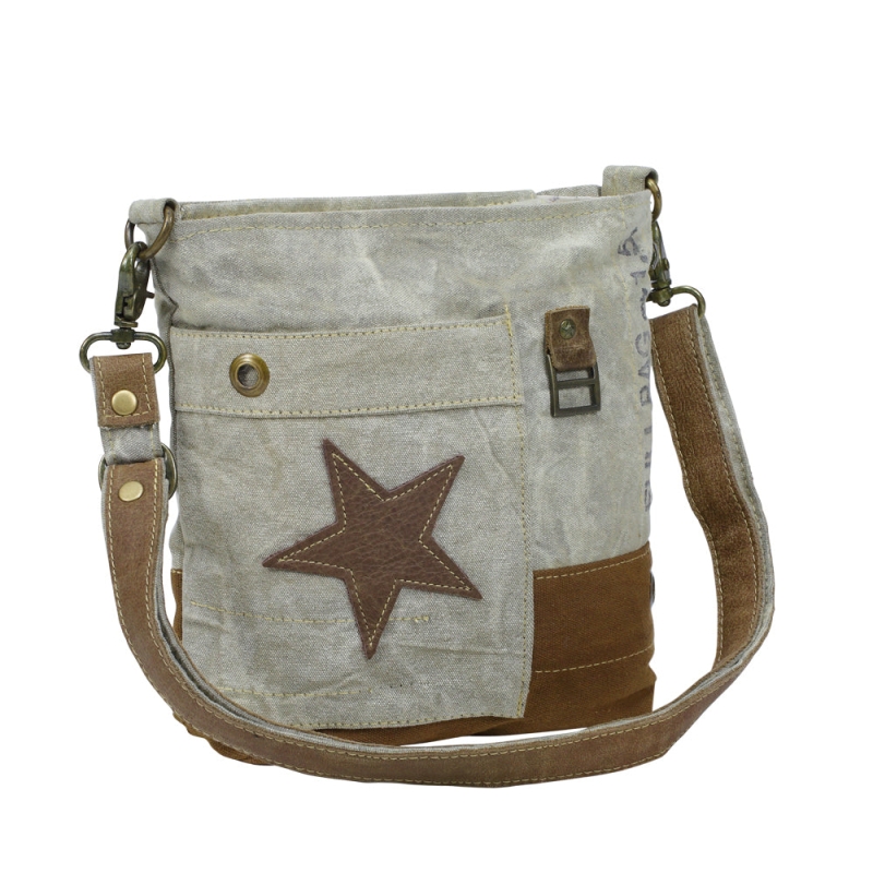 LEATHER STAR  schoudertas van gerecycled canvas en leer beige