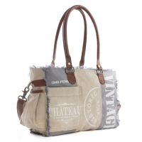 SKY BLUE  schoudertas canvas met leer blauw-beige
