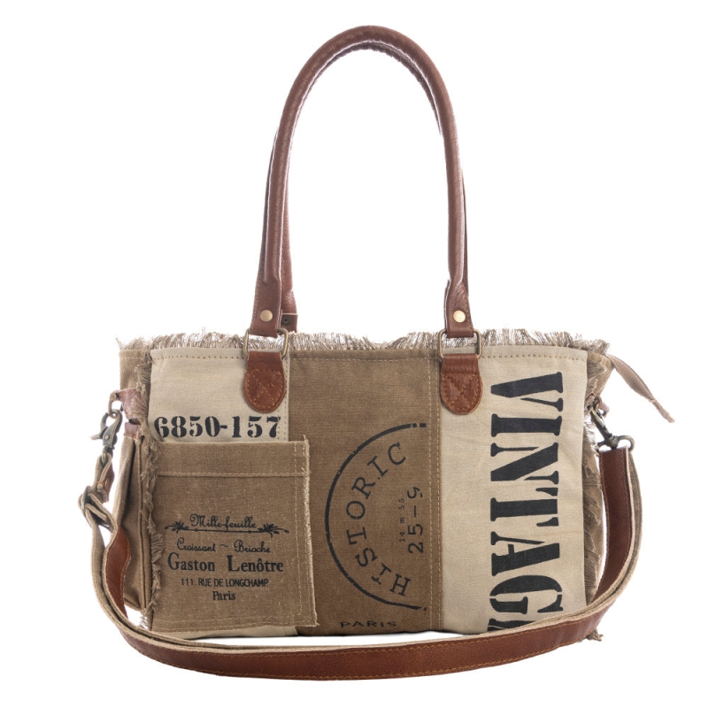 SANDTONE schoudertas  van canvas en leer bruin-beige
