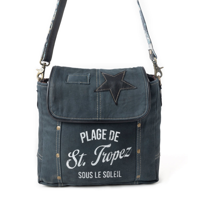 EXPLORER INDIGO schoudertas canvas met leer  indigo-wit