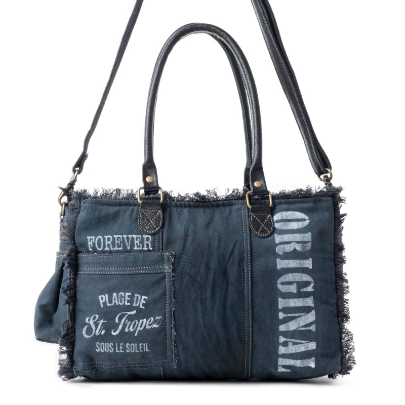 COASTEL BLUE schoudertas canvas en leer blauw