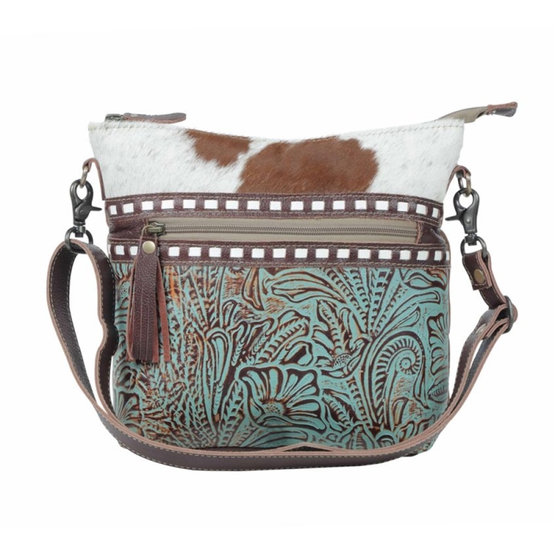JULIA schoudertas van canvas, turquoise leer en koehuid