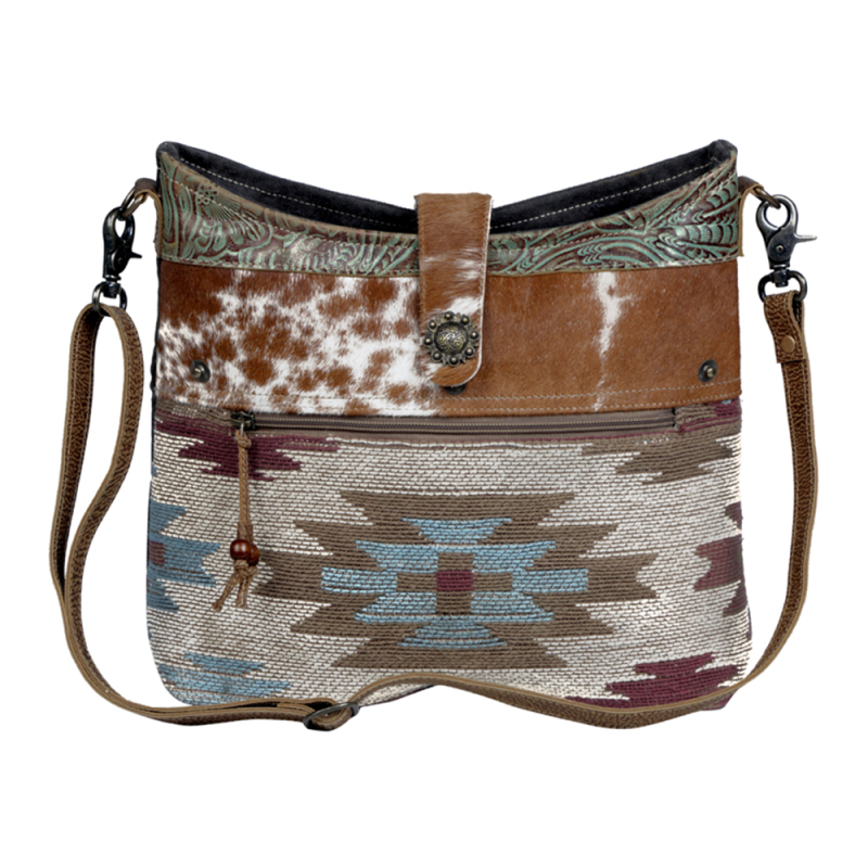 DAWN schoudertas canvas, leer en koeienhuid