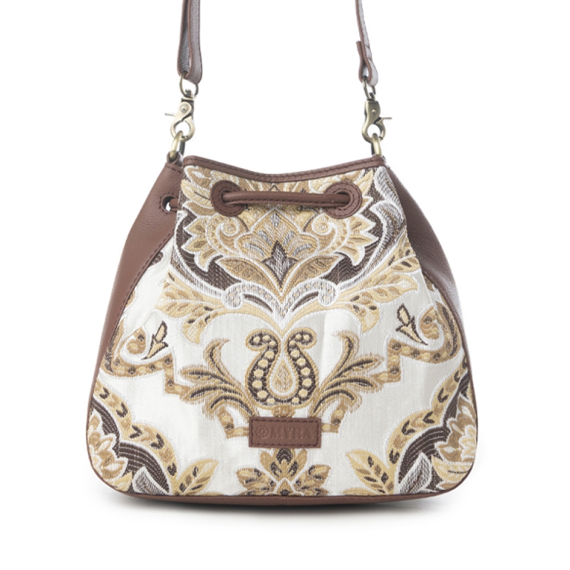 IVORY schoudertas jacquard en leer