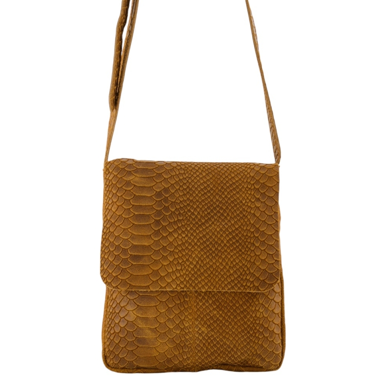 SNAKE leren crossbody met slangenprint cognac bruin