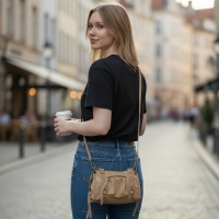 YONI kleine leren crossbody-handtas zandkleur