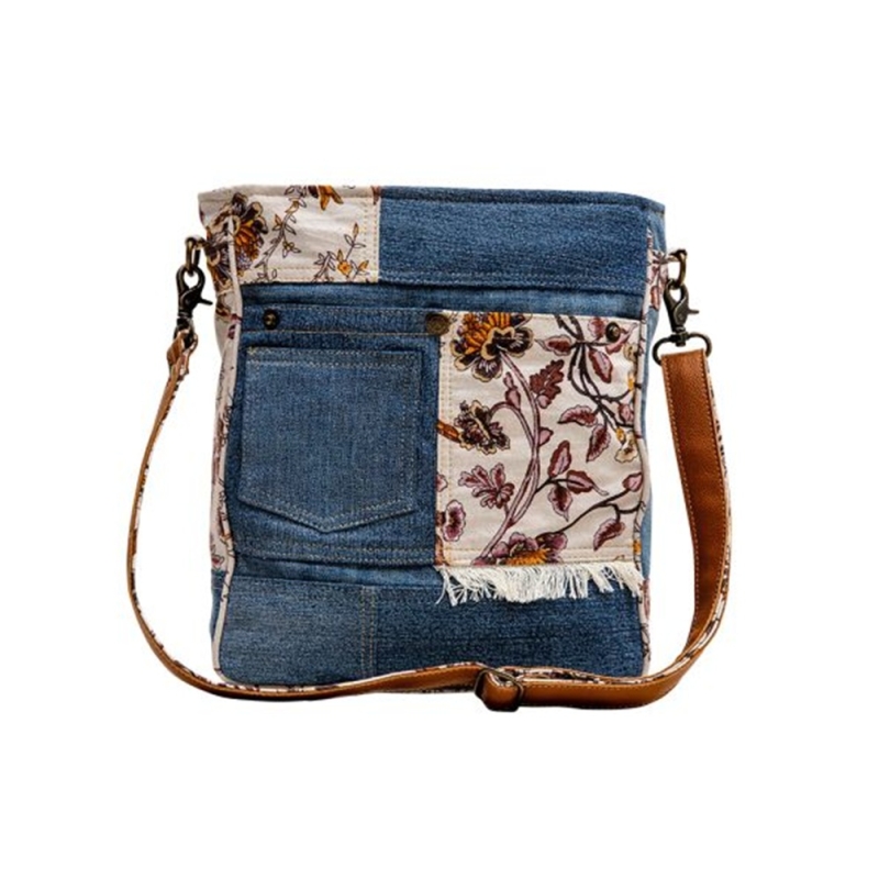 FLORA denim schoudertas met bloemenprint