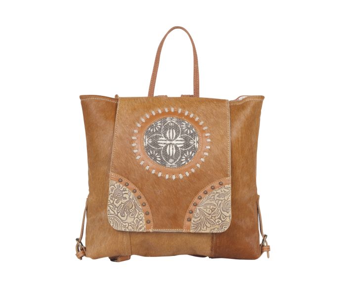 INDIAN bruine rugzak leer, canvas en koeienhuid