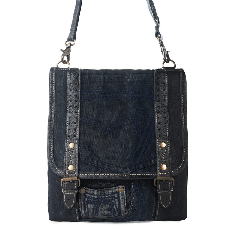 DUSTY BLACK zwart denim schoudertas met leerdetails