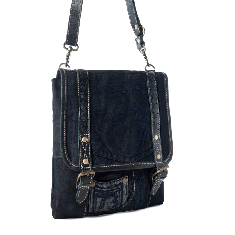 DUSTY BLACK zwart denim schoudertas met leerdetails