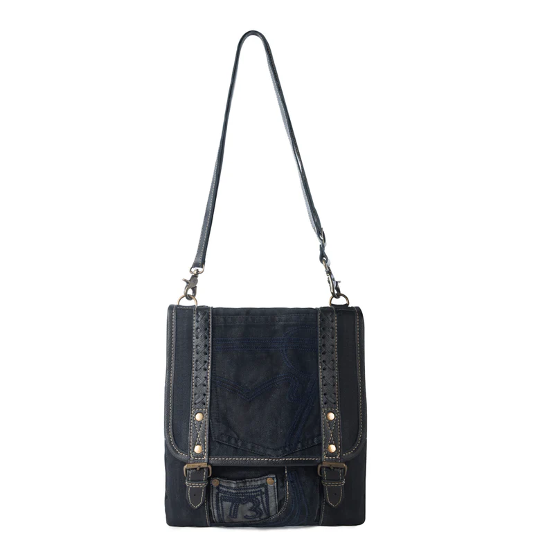 DUSTY BLACK zwart denim schoudertas met leerdetails