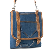 DUSTY BLUE blauwe denim schoudertas met leeraccenten