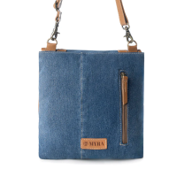 DUSTY BLUE blauwe denim schoudertas met leeraccenten