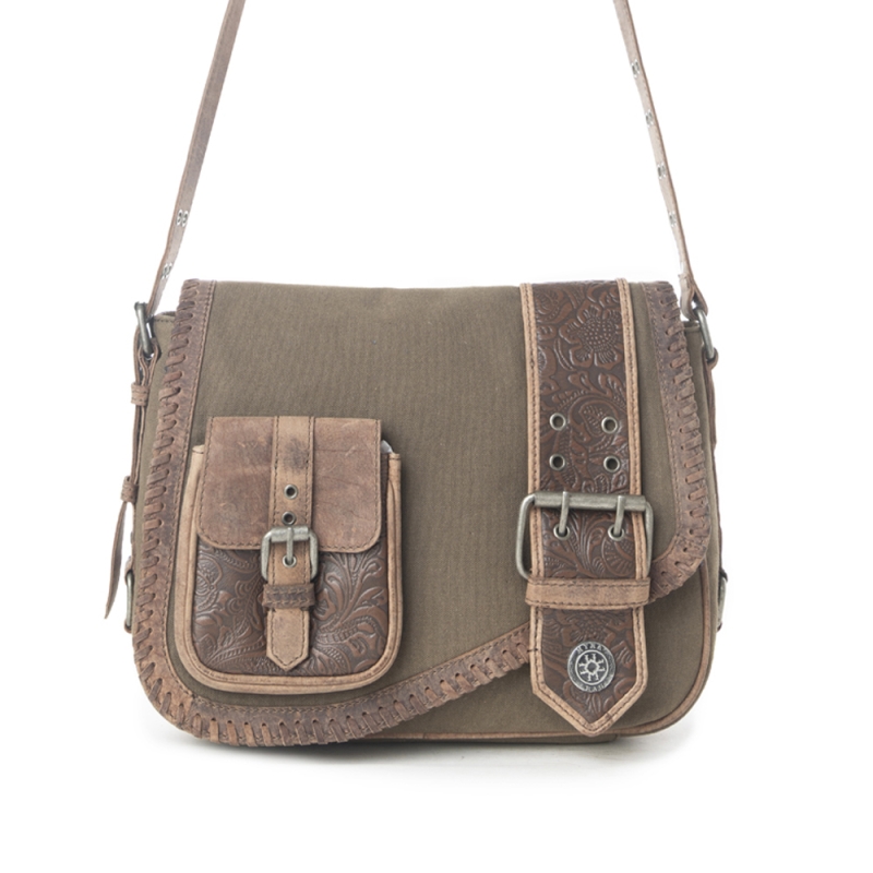 OUTLAW OLIVE schoudertas canvas en handbewerkt leer