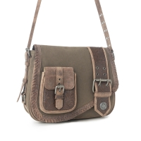 OUTLAW OLIVE schoudertas canvas en handbewerkt leer