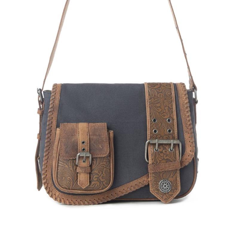 OUTLAW COPPER TAN schoudertas canvas en handbewerkt leer
