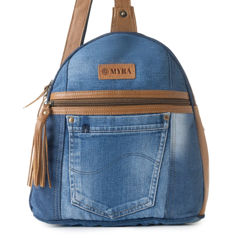 BANDIT BLUE denim schoudertas met leer